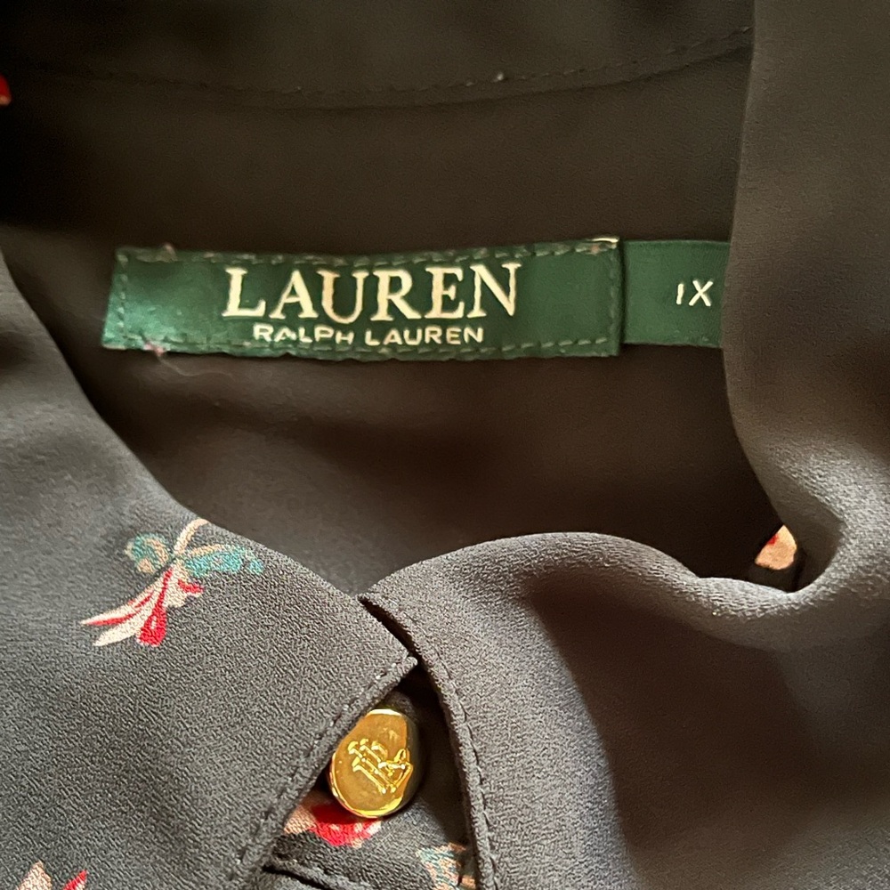 Lauren Ralph Lauren dark Floral Sheer Blouse 1X Black Gold Button Top - Picture 6 of 8